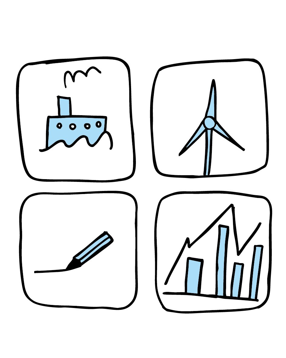 Auf der Grafik sind vier Symbole zu sehen, die verschiedene Studienrichtungen darstellen – zum Beispiel Maritimes, Wirtschaft, Technik und Windenergie.