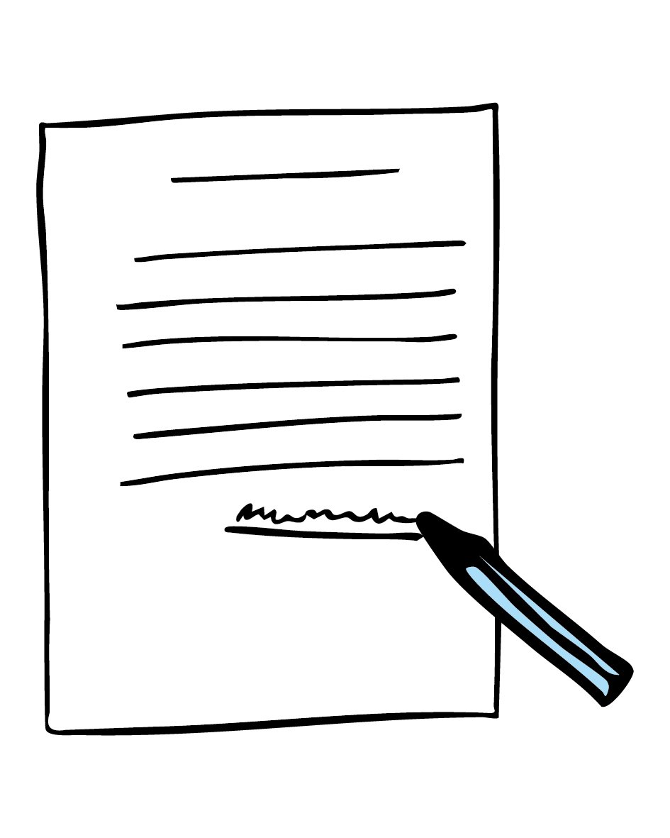 Auf der Grafik ist ein Dokument mit markierten Feldern und einer Unterschrift am unteren Rand zu sehen.