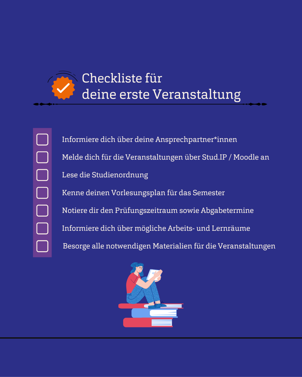 Blauer Hintergrund mit einer Checkliste - mit der Überschrift: &quot;Checkliste: vor deiner ersten Veranstaltung&quot;