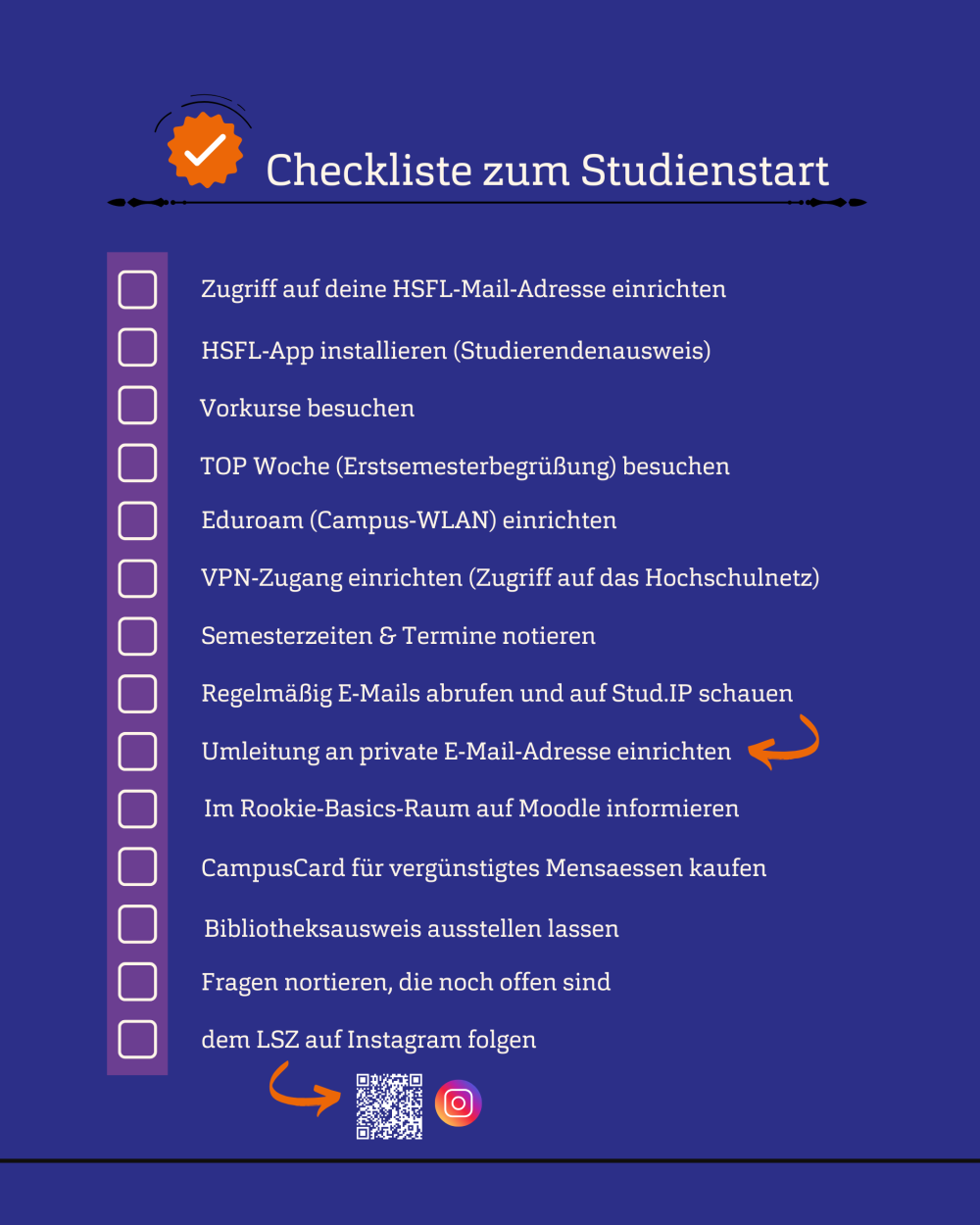 Blauer Hintergrund mit einer Checkliste - mit der Überschrift &quot;Checkliste: Studienstart&quot;