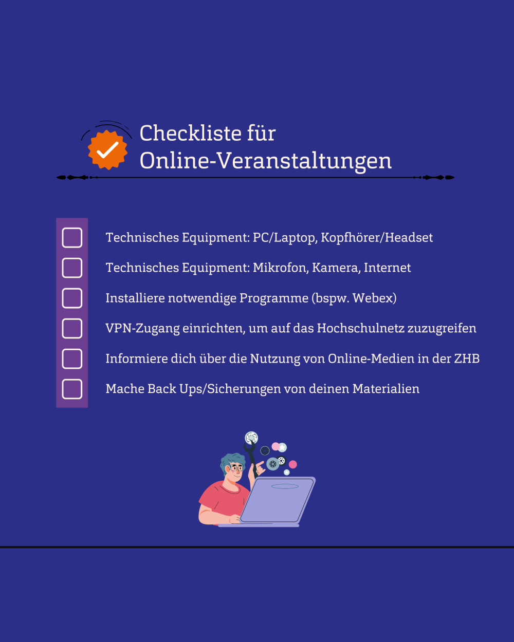 Blauer Hintergrund mit einer Checkliste - mit der Überschrift: &quot;Checkliste: Online-Veranstaltungen&quot;