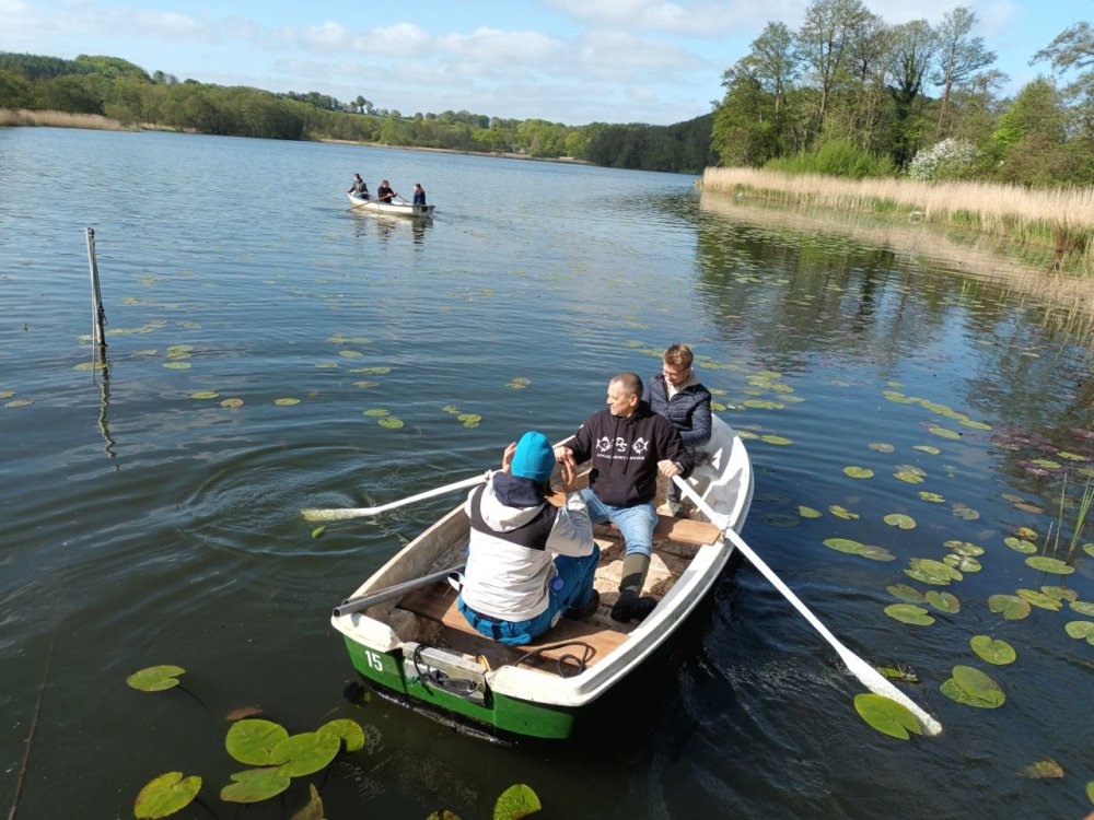 Studierende rudern in einem Boot auf einem See.