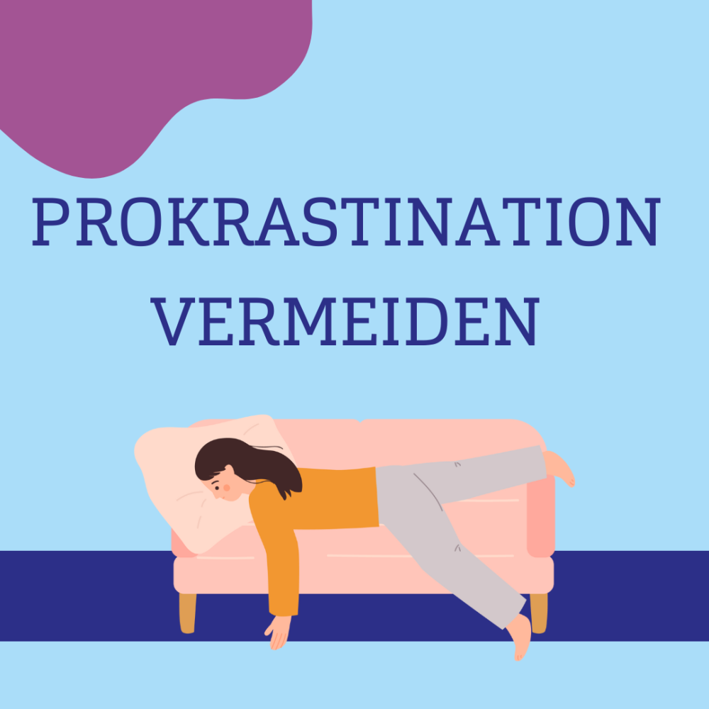 Blauer Hintergrund und Grafik einer Frau, die auf dem Bauch auf einem Sofa liegt.