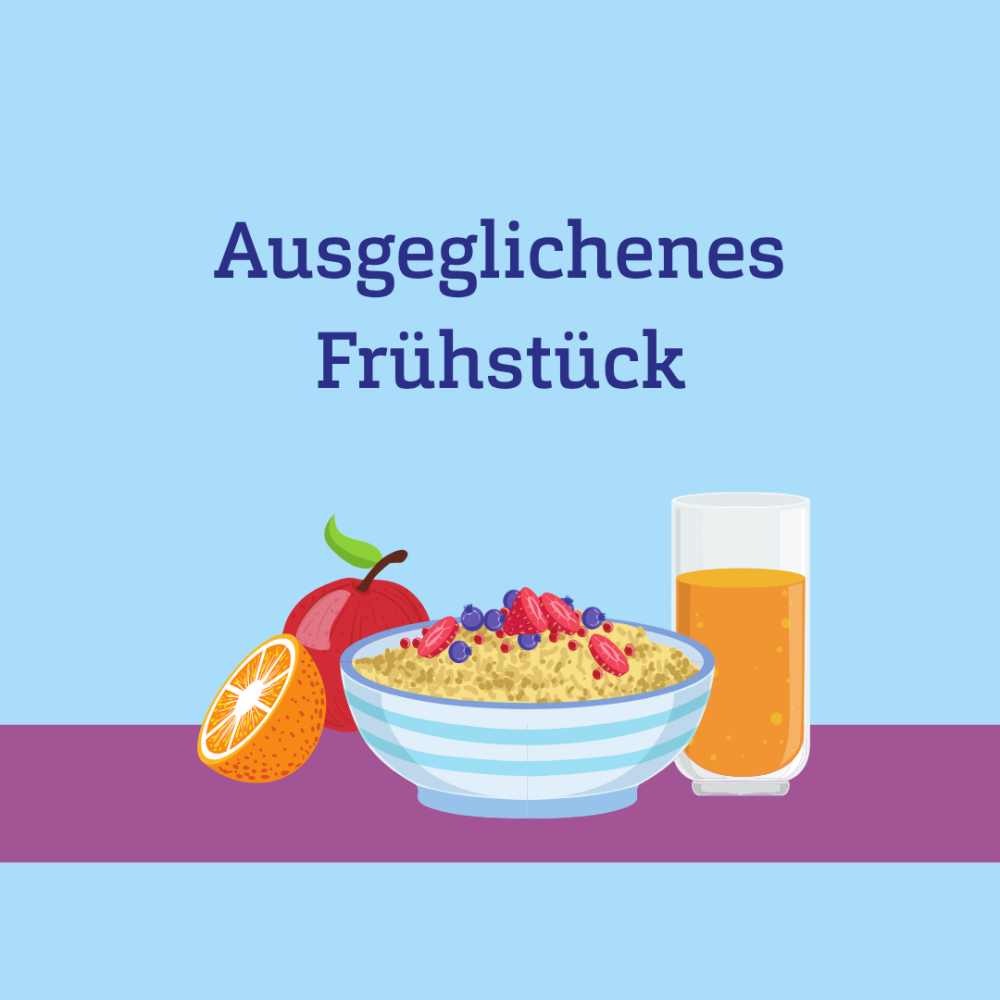 Grafik einer Müslischale, Obst und Saftglas, dazu Text: Ausgeglichenes Frühstück