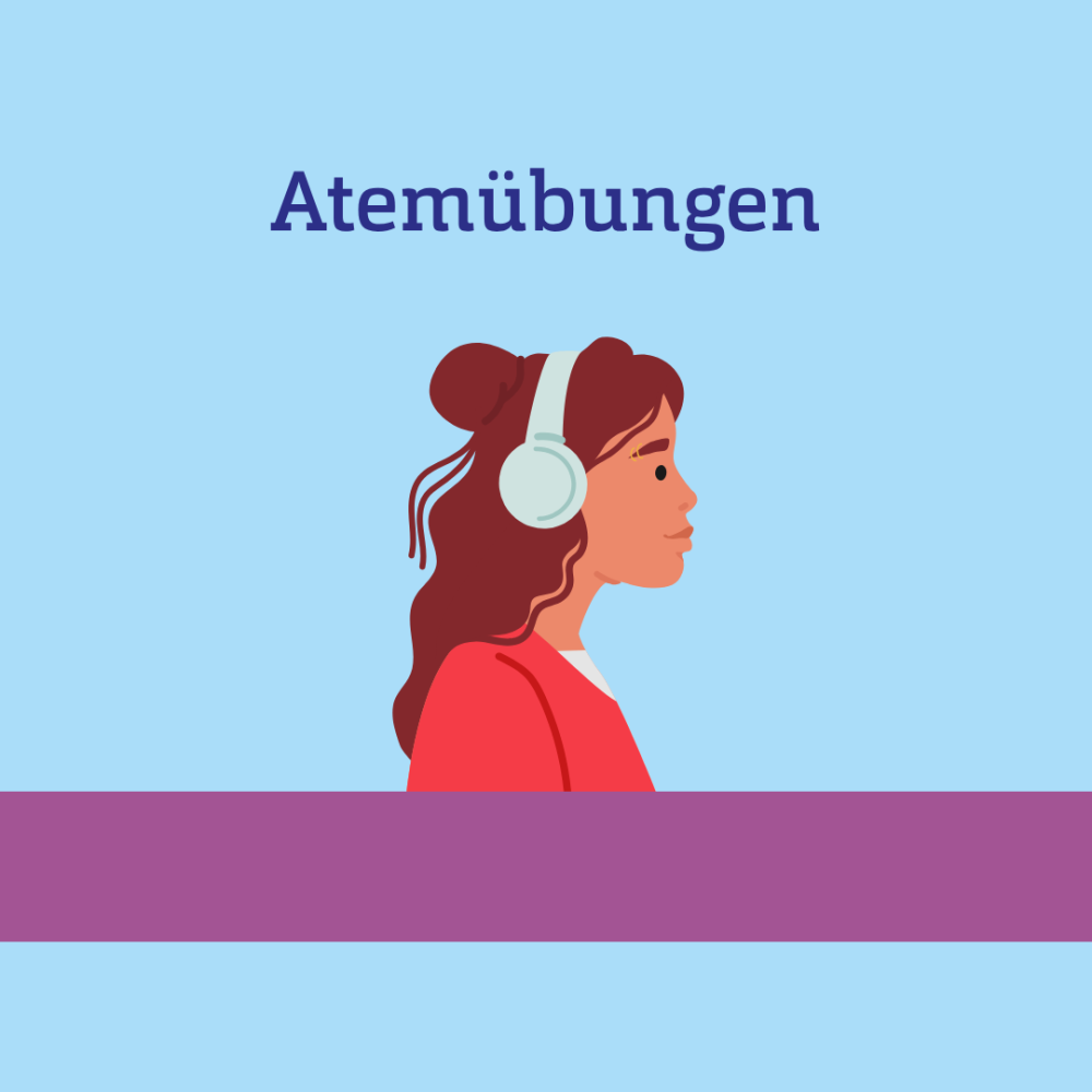 Grafik einer Frau mit Kopfhörern, dazu Text: Atemübungen