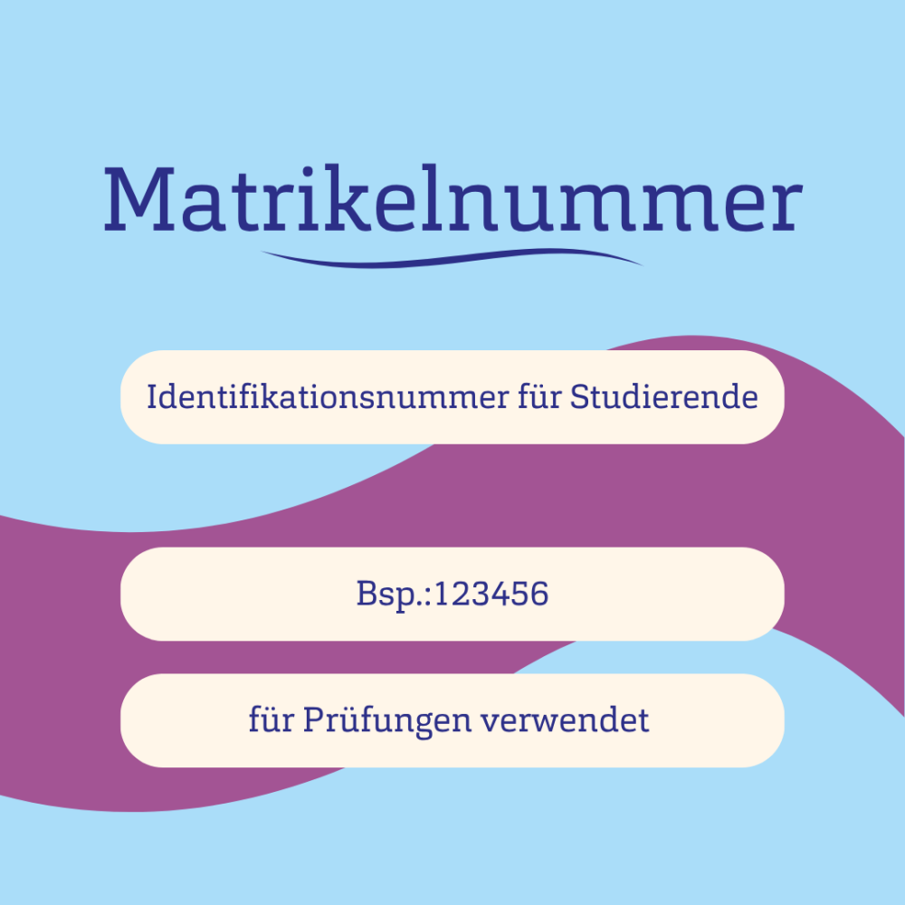 Blauer Hintergrund, lilane Welle und Text: Matrikelnummer - Identifikationsnummer für Studierende - Bsp.: 123456 - für Prüfungen verwendet