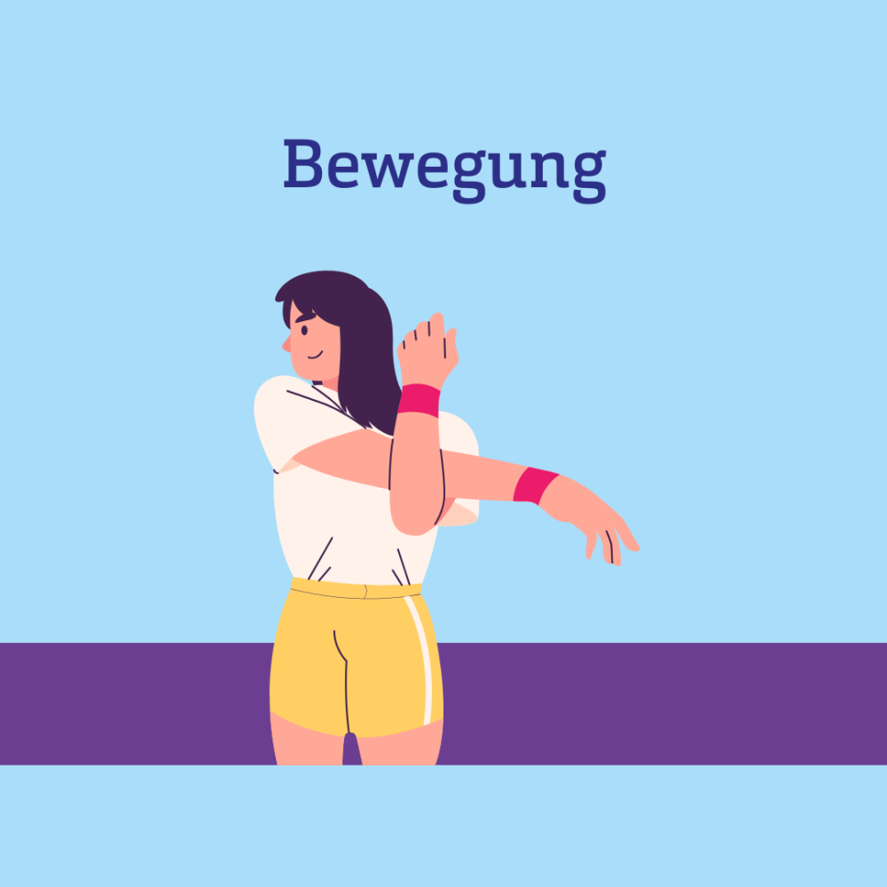 Grafik einer Frau, die ihre Schultern dehnt, dazu Text: Bewegung