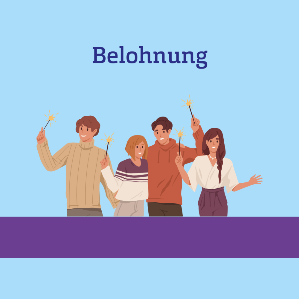 Grafik einer Gruppe Studierender, die Wunderkerzen halten, dazu Text: Belohnung