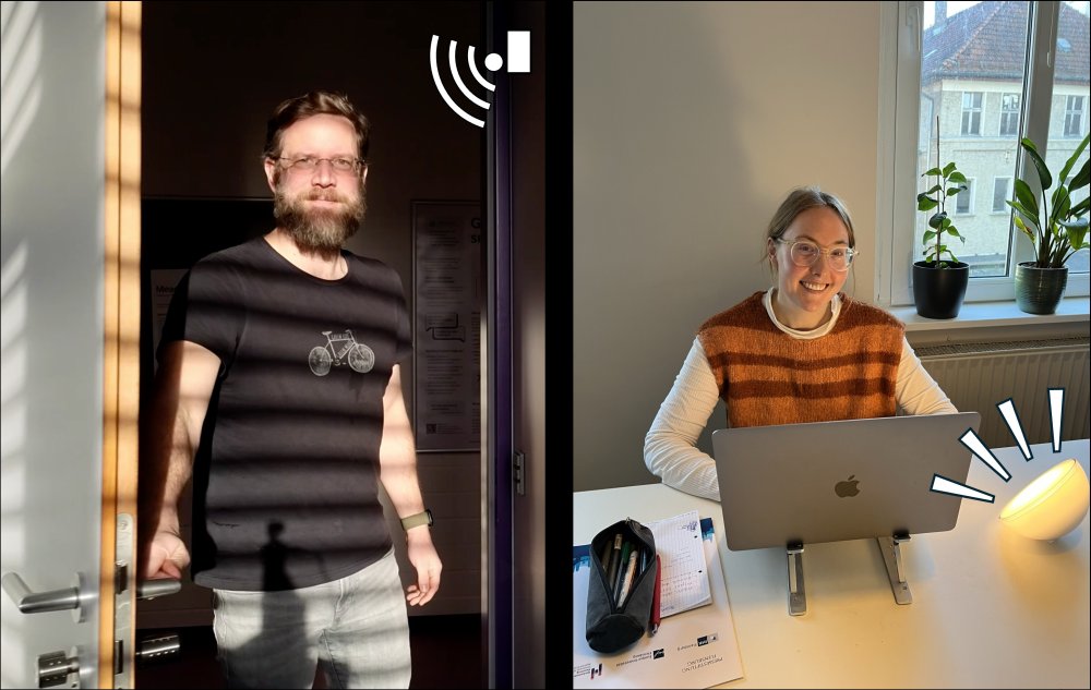 Eine Collage, links ein mann, rechts eine Frau an verschiednenen Orten. Piktogramme deuten an, dass sie verbunden sind