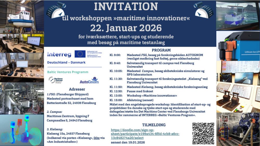 Flyer-Seite mit der Überschrift "Invitation til workshoppen >>maritime innovationer