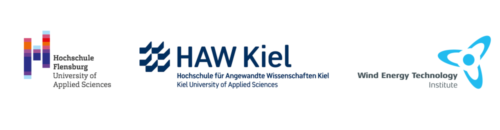 Die Logos der Hochschule Flensburg, der Hochschule für Angewandte Wissenschaften Kiel und des Wind Energy Technology Institutes.