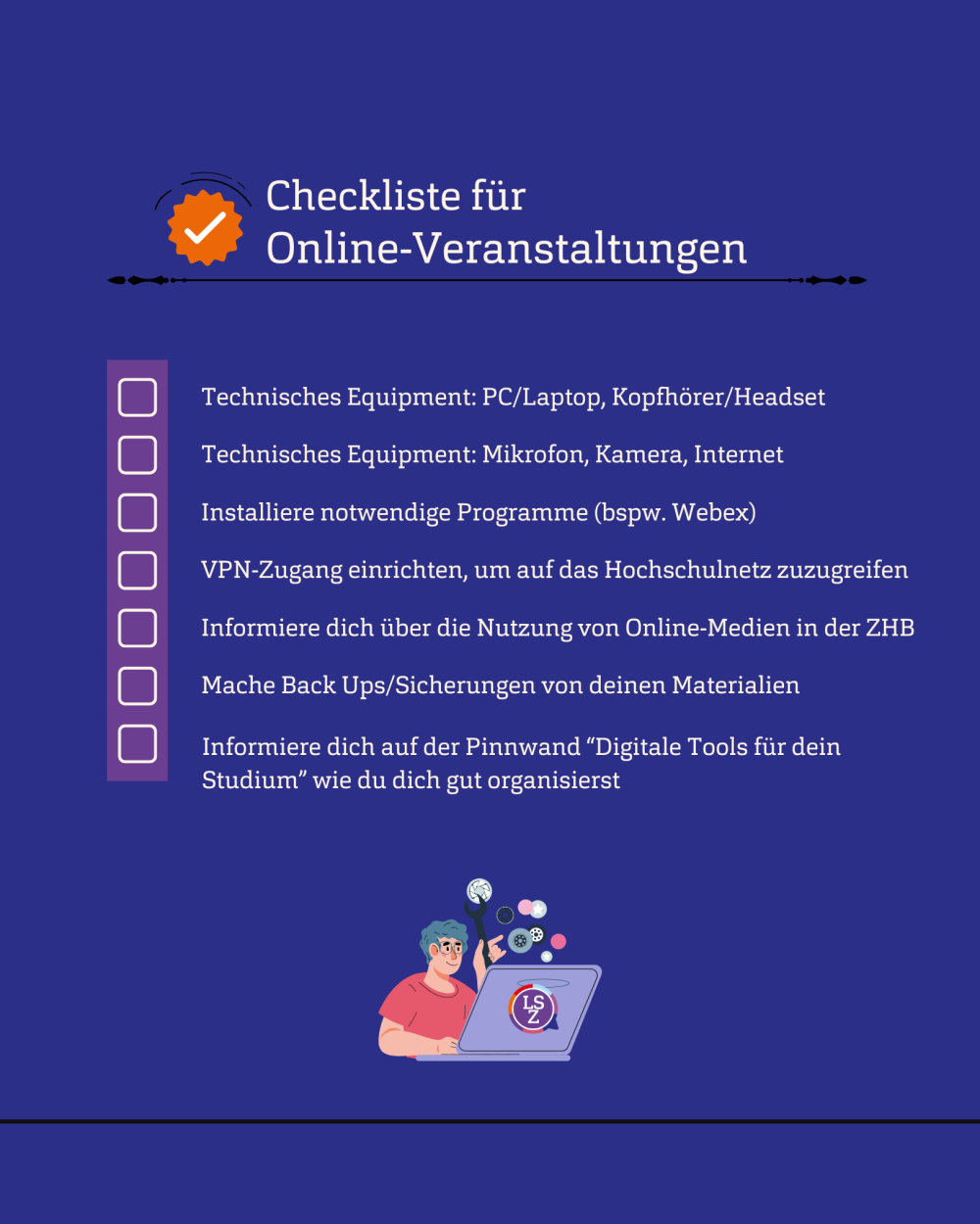 Blauer Hintergrund mit einer Checkliste - mit der Überschrift: "Checkliste: Online-Veranstaltungen"