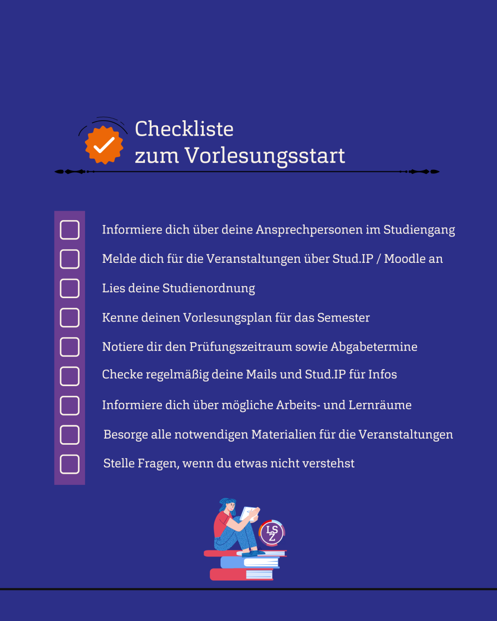 Blauer Hintergrund mit einer Checkliste - mit der Überschrift: "Checkliste: vor deiner ersten Veranstaltung"