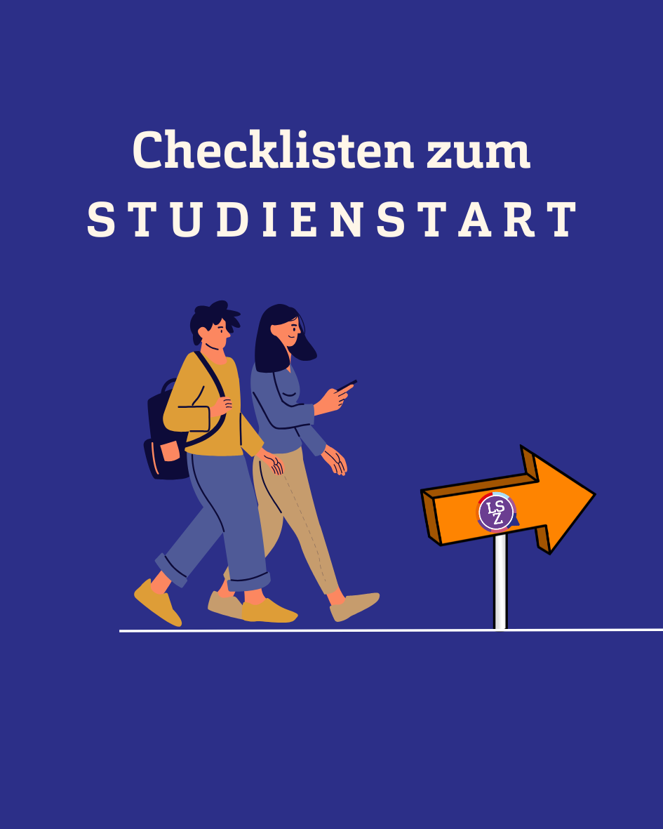 Blauer Hintergrund mit Grafik von zwei jungen Menschen, die einem Wegweiser folgen, und Text: Checklisten zum Studienstart