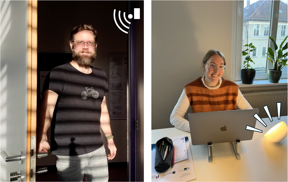 Eine Collage, links ein mann, rechts eine Frau an verschiednenen Orten. Piktogramme deuten an, dass sie verbunden sind