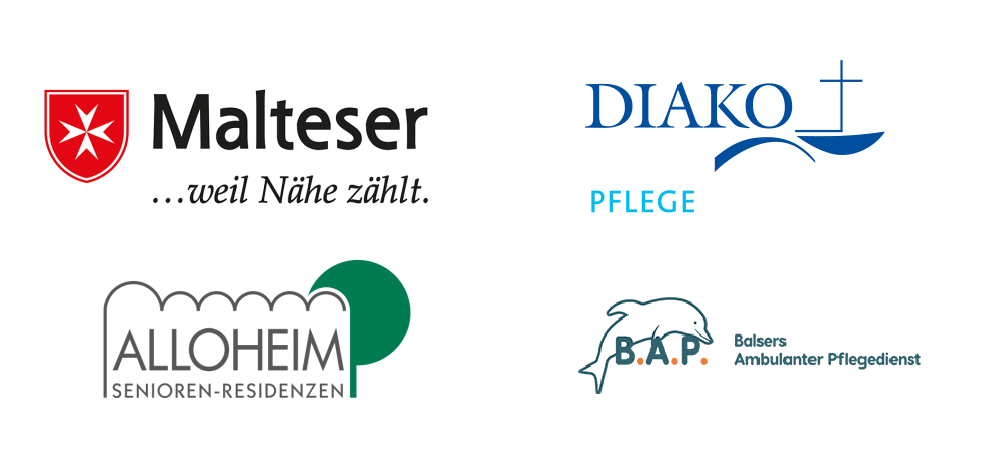 Vier Logos: Malteser, DIAKO Pflege, Alloheim Seniorenresidenzen, Balsers Ambulanter Pflegedienst