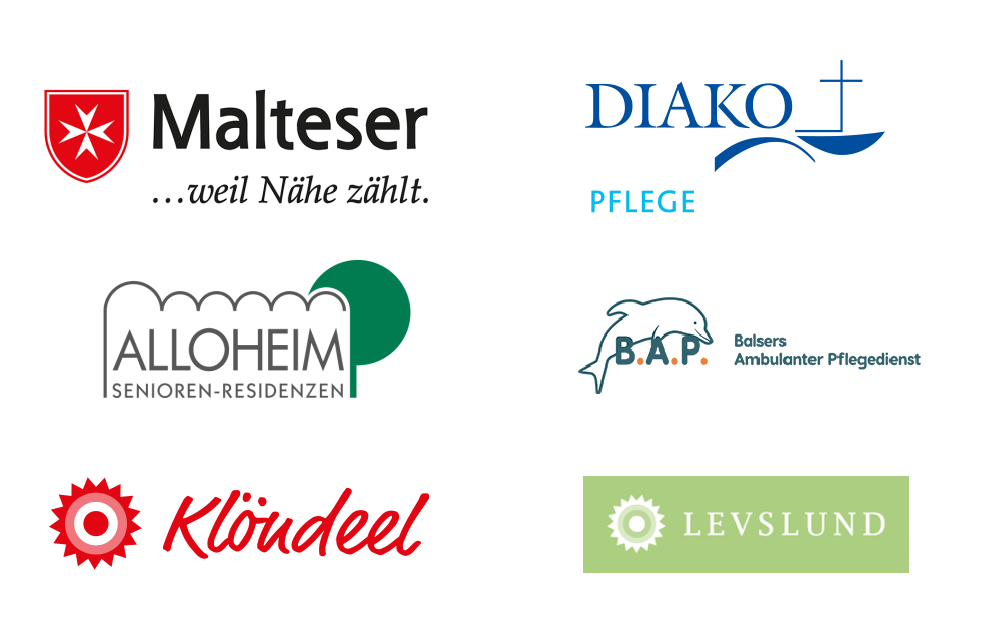 Sechs Logos: Malteser, DIAKO Pflege, Alloheim Seniorenresidenzen, Balsers Ambulanter Pflegedienst, Klöndeel, Levslund