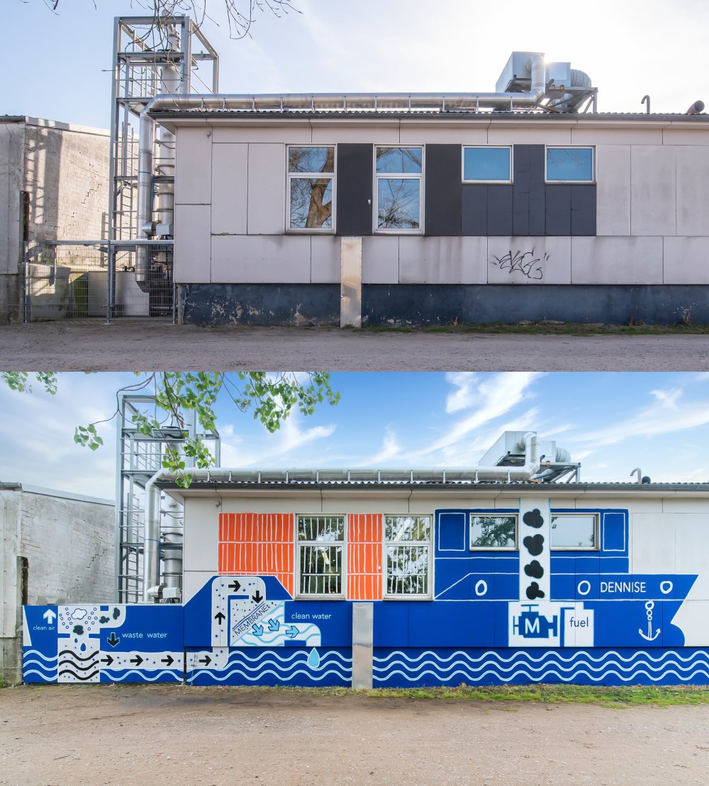Vorher-Nachher: Graffitikünstler haben den Entwurf der Hochschul-Grafikerin Bärbel Ballaschke auf die Außenwand der Forschungshalle in Kielseng gebracht.