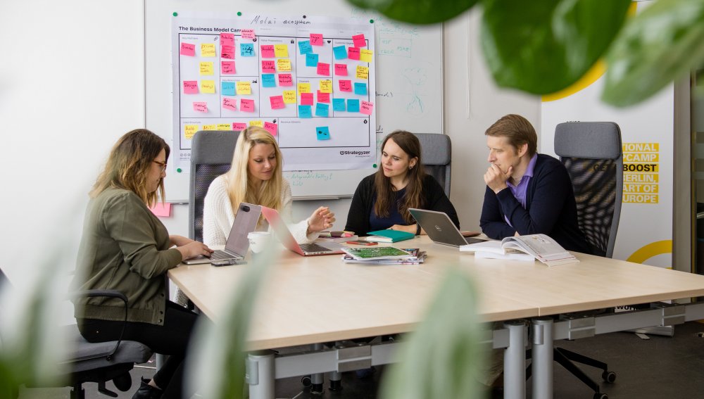 Eine Gruppe von Menschen sitzt um einen Arbeitstisch, hinter ihnen an der Wand hängt ein Whiteboard voller bunter Post Its, vor ihnen auf dem Tisch Laptops, Bücher und Stifte.