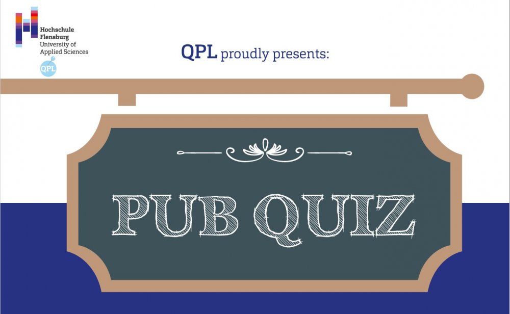 Ausschnitt aus dem Poster zur Veranstaltung, zu sehen ist ein gezeichnetes Schild mit der Aufschrift "Pub Quiz", das Logo der Hochschule und des QPL.