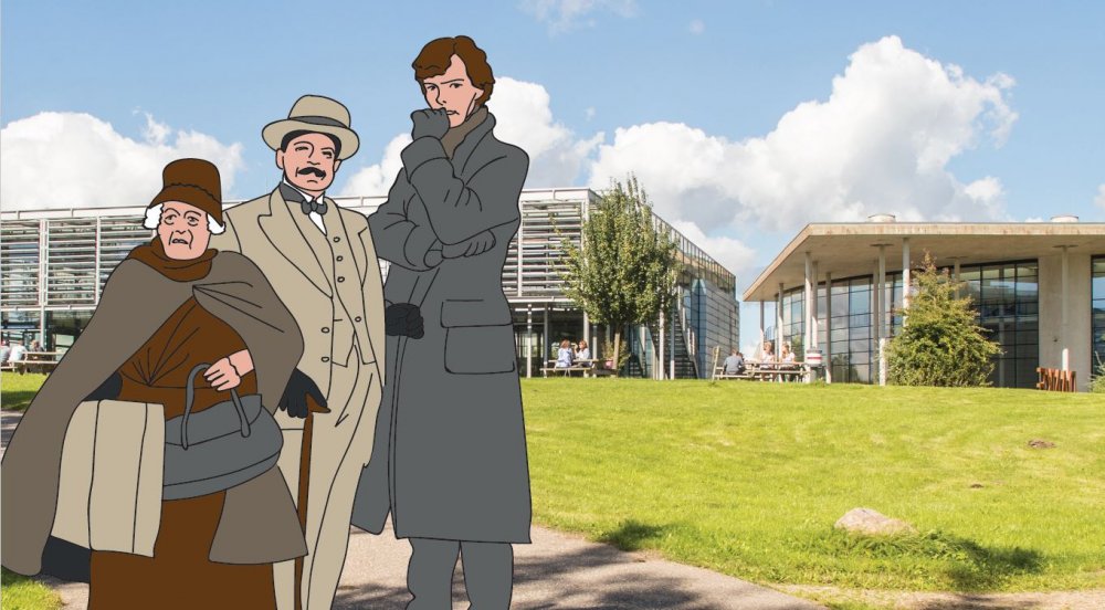 Ausschnitt aus dem Veranstaltungsposter: Comichafte Darstellungen von Miss Marple, Hercule Poirot und Sherlock Holmes vor die Mensa montiert.
