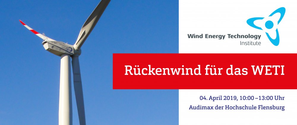 Grafik: links die Rotoren und der obere Teil des Turms einer Windkraftanlage vor blauem Himmel, rechts das Logo des WETI und Titel und Zeit der Veranstaltung auf weißem und roten Grund.