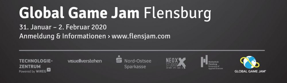 Ausschnitt aus dem Poster: Auf dunklem Grund steht "Global Game Jam Flensburg" darunter Ort und Zeit und die Logos der Sponsor*innen.