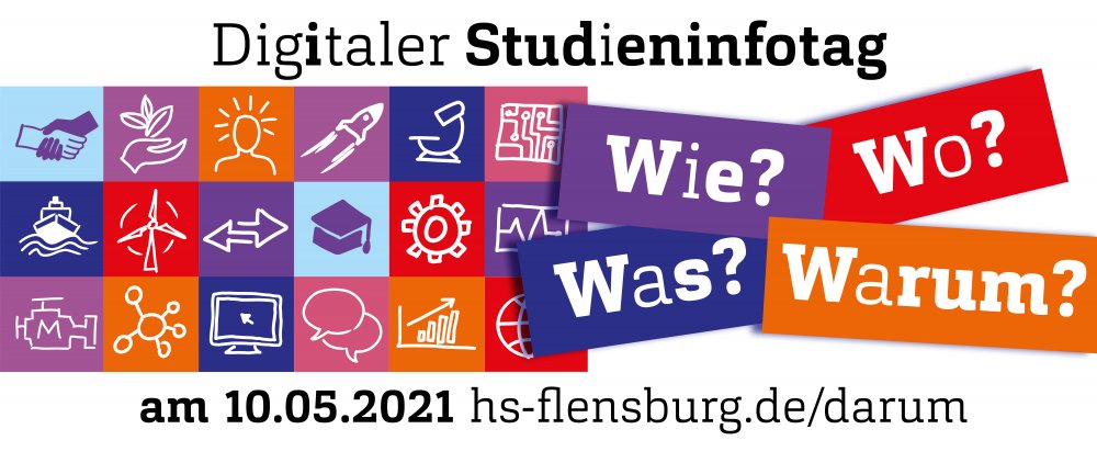 Grafik: Verschiedene Symbole auf hochschulfarbenen Quadratem, darüber und darunter Veranstaltungstitel und -datum.