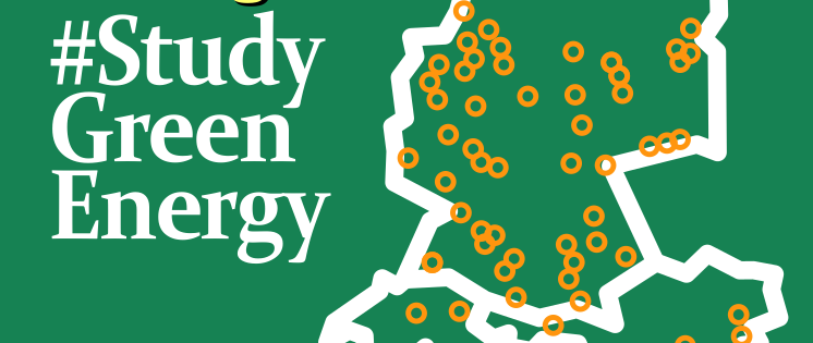 Bildausschnitt: Ausschnitt einer Deutschlandkarte im Umriss auf grünem Untergrund. Daneben weiße Schrift: #StudyGreenEnergy