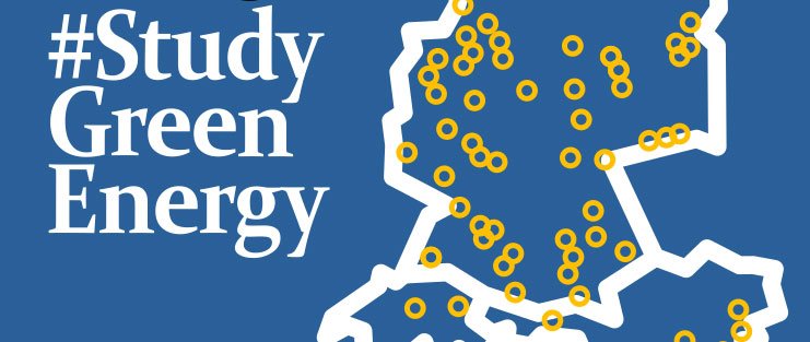 Bildausschnitt: Ausschnitt einer Deutschlandkarte im Umriss auf blauem Untergrund. Daneben weiße Schrift: #StudyGreenEnergy