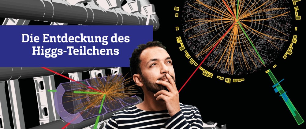 Grafik: Zeichnung des CERN-Versuchaufbaus, davor ein junger Mann, die Hand denkend am Kinn. Rechts ein blaues Rechteck mit weißer Schrift.