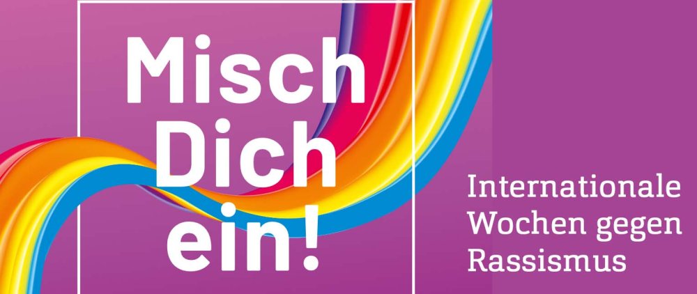 Grafik: "Misch Dich ein" vor einem stilisierten Regenbogen auf violettem Grund.