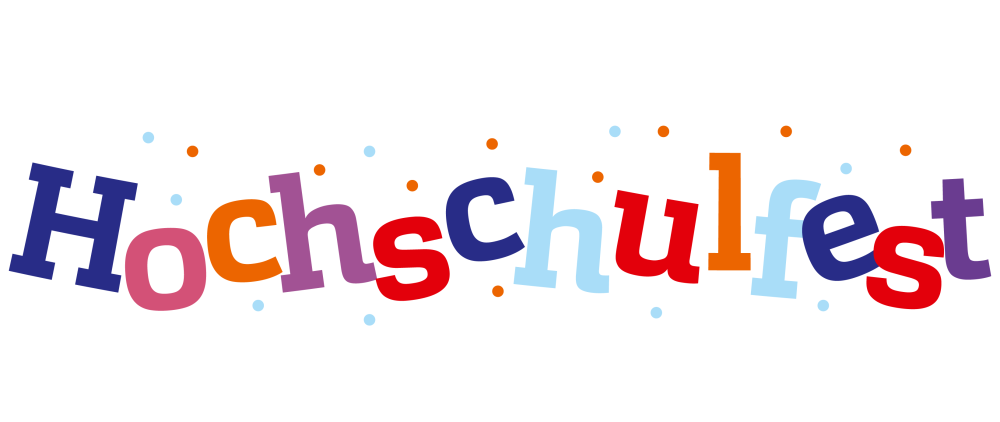 Bunte Buchstaben auf weißem Grund: Hochschulfest. Drumherum kleine Punkte wie Konfetti.