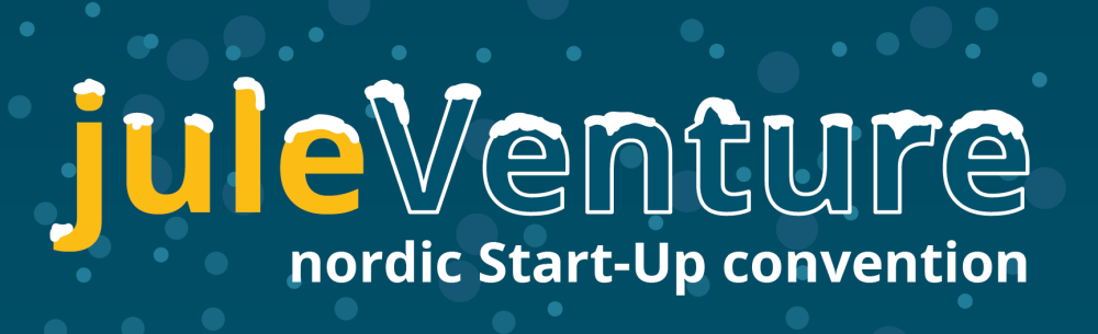 Auf dunkel-grünblauem Hintergrund mit angedeutetem Schneefall liest man den Schriftzug "juleVenture - nordic Start-Up convention". Auf den Buchstaben liegt Schnee.
