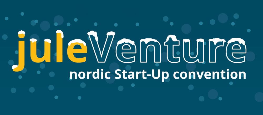 Auf dunkel-grünblauem Hintergrund mit angedeutetem Schneefall liest man den Schriftzug "juleVenture - nordic Start-Up convention". Auf den Buchstaben liegt Schnee.