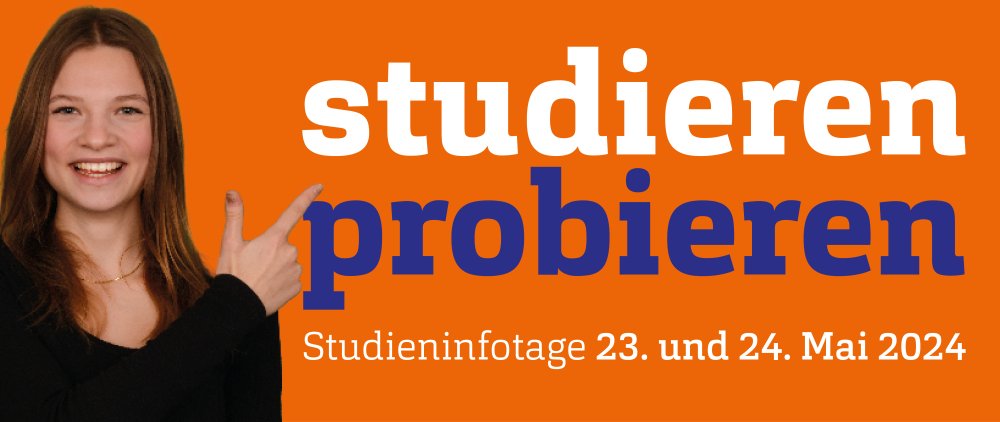 Grafik: Orange-farbener Untergrund darauf links eine junge Frau, die lacht und mit dem Zeigefinger auf einen Schriftzug zeigt: "Studieren probieren. Studieninfotage 23. und 24. Mai 2024"