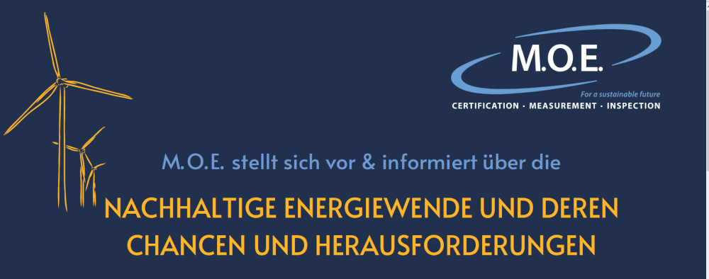 Text: "M.O.E. stellt sich vor & informiert über die nachhaltige Energiewende und deren Chancen und Herausforderungen". Daneben eine Grafik von Windrädern, darüber das Logo der M.O.E. GmbH