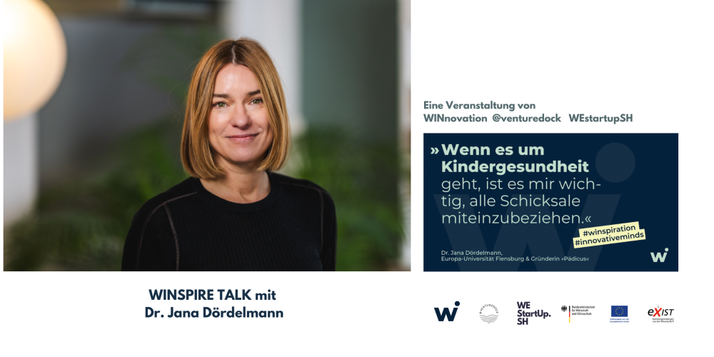 Portraitfoto einer Frau mit kinnlangen, blonden Haaren, darunter Text: WINSPIRE TALK mit Dr. Jana Dördelmann und eine Sammlung von Institutions-Logos.