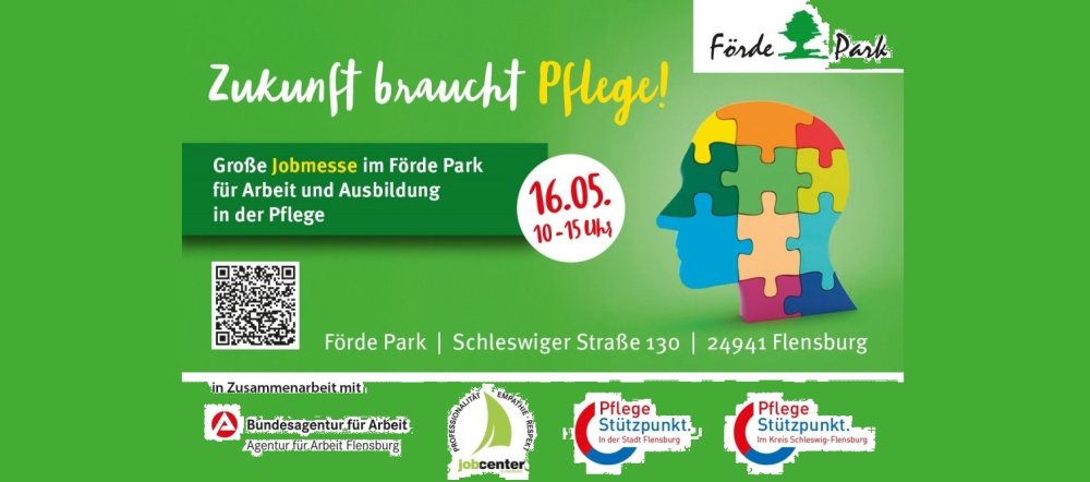 Ein Plakat mit grünem Hintergrund kündigt eine Jobmesse im Förde Park zum Thema Arbeit und Ausbildung in der Pflege an. 