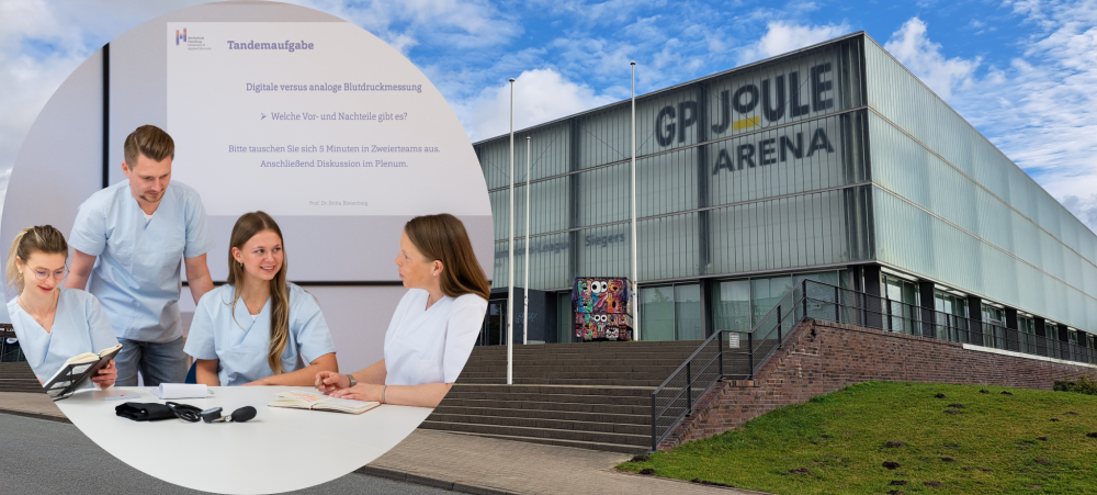 Foto von der GP Joule Arena, einer Sporthalle in Flensburg, mit einer runden Fotocollage von jungen Menschen in medizinischer Arbeitskleidung.