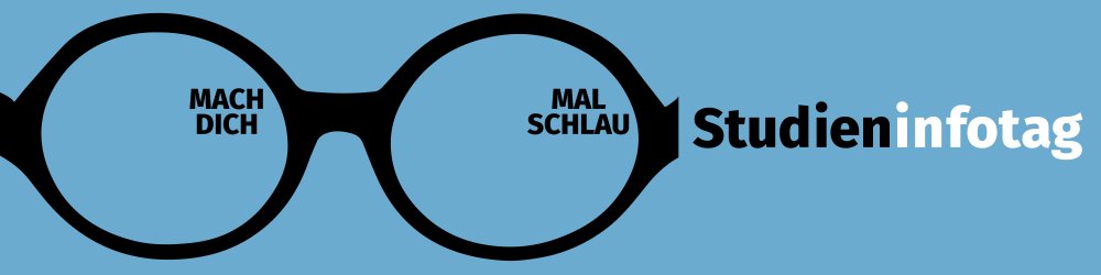 Hellblauer Hintergrund mit Grafik einer Brille und Text: Mach dich mal schlau. Studieninfotag