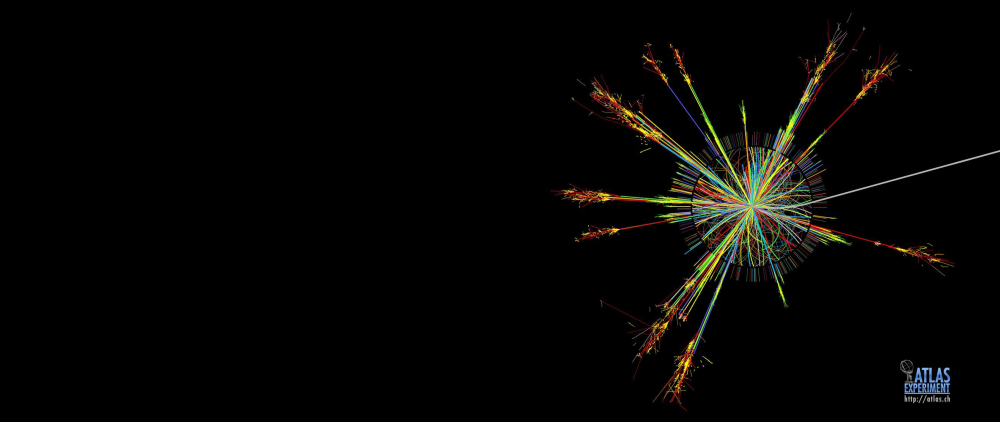 Schwarzer Hintergrund mit Aufnahme eines mikroskopischen schwarzen Lochs, daneben Text: Atlas Experiment - http://atlas.ch