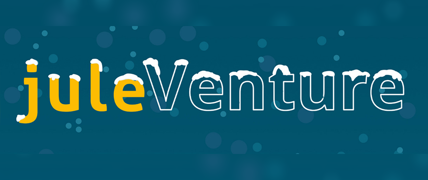 Blauer Hintergrund mit verschneitem Schriftzug: juleventure