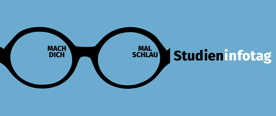 Hellblauer Hintergrund mit Grafik einer Brille und Text: Mach dich mal schlau. Studieninfotag