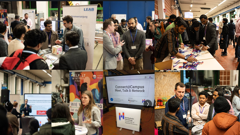 Collage of several pictures with international students and industry partners socializing in an engine and machine hall.