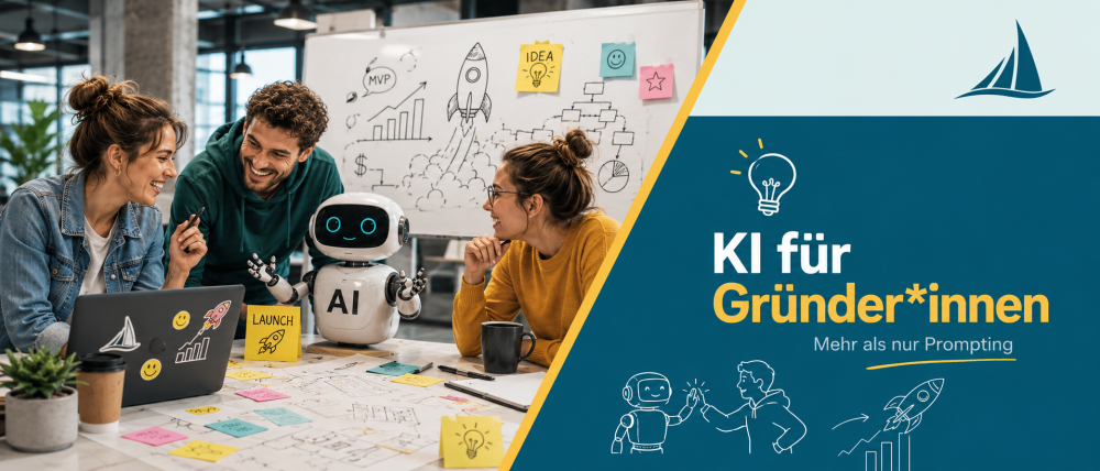 Zwei Frauen und ein Mann arbeiten an einem Tisch mit vielen Klebezetteln und einem Roboter mit der Aufschrift AI.