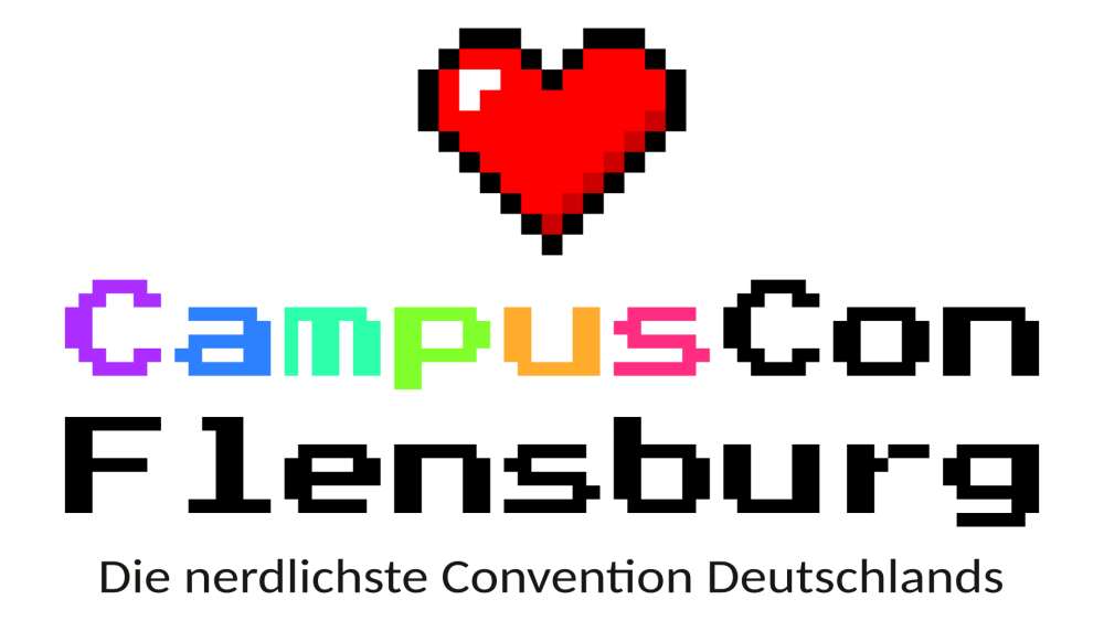 Logo der CampusCon: Ein rotes Herz im Retro-Videospiel-Look, darunter der Schriftzug: CampusCon Flensburg - Deutschlands nördlichste Convention"