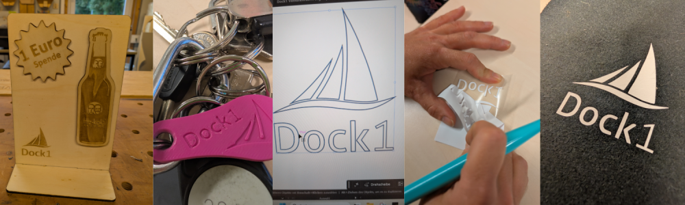 Fotocollage: Ein selbstgebauter Aufsteller aus Spanholz, ein Schlüsselanhänger, ein Bildschirm mit Zeichenprogramm, ein Paar Hände, das einen Sticker abzieht, eine Filzunterlage mit Logo.