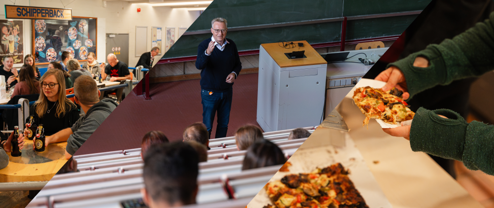 Fotocollage: Die gut gefüllte Schipperklause an der Hochschule Flensburg, eine Vortragssituation und ein Paar Hände mit einem Pizzastück.
