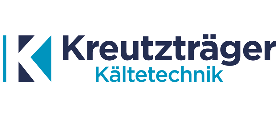 Unternehmenslogo: Großes K mit verschiedenen blauen Farbflächen drumherum, daneben Schrift: Kreutzträger Kältetechnik
